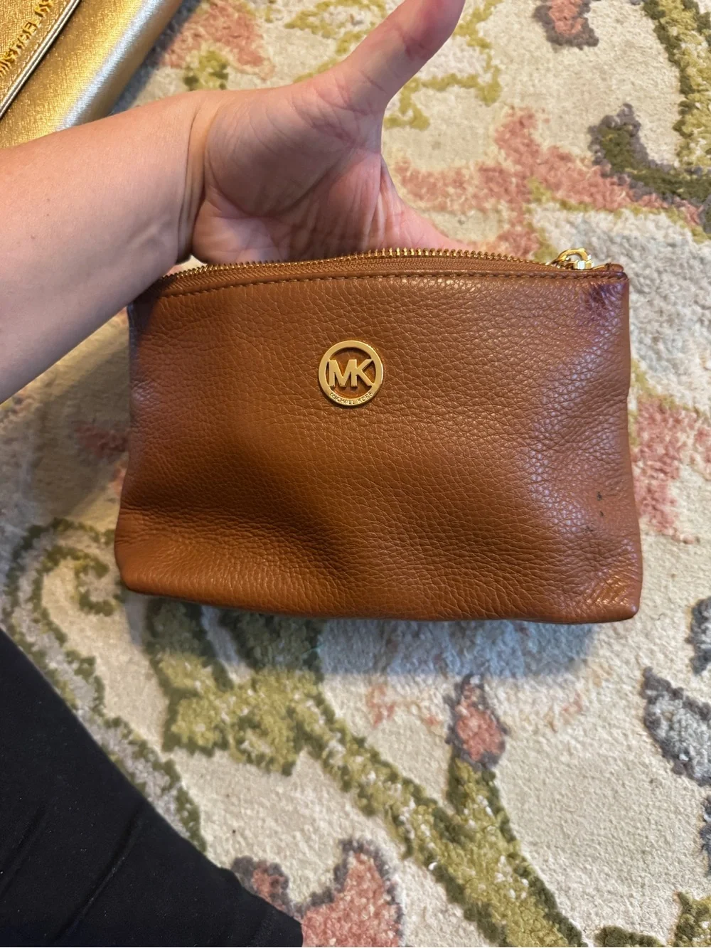 Michael Kors Brown Leather Cosmetic Pouch with Gold Logo